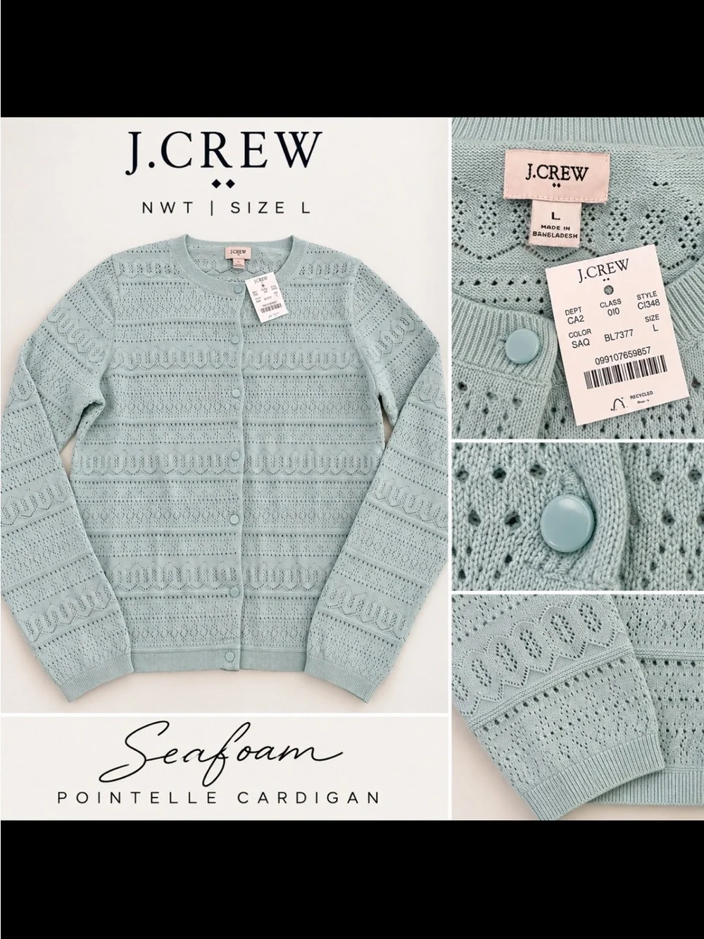 J. Crew Seafoam Pointelle Cardigan - Women's Lightweight Knit